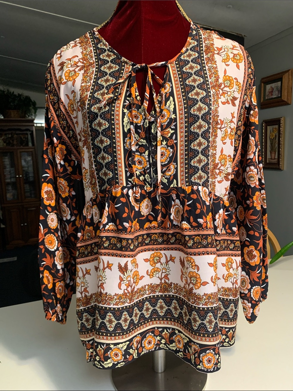 SHEIN Floral Boho Tie-Neck Long Sleeve Top in Black and Orange